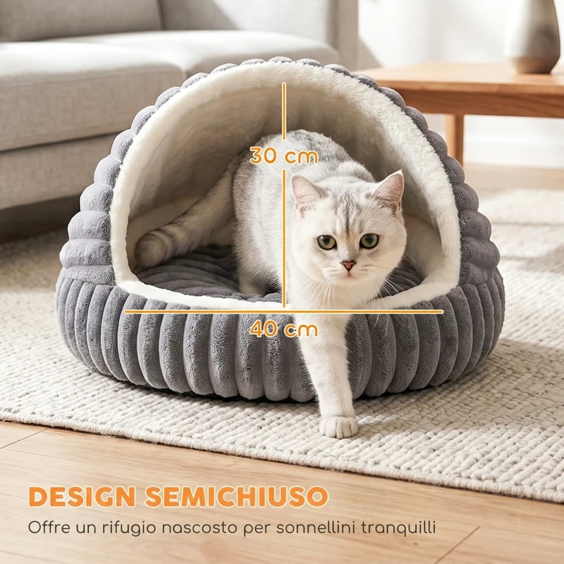 PawHut Letto per Gatti Fino a 5 kg Rotondo Semichiuso in Peluche Effetto Coniglio con Cuscino Lavabile, Grigio