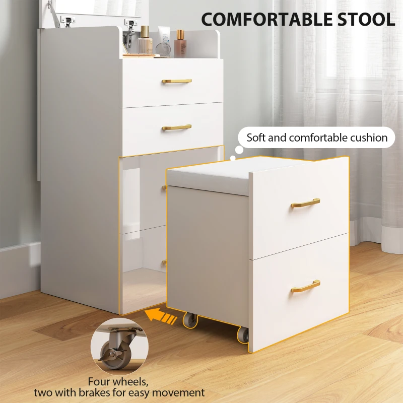 HOMCOM Compact Dressing Table and Stool Set, with Storage - White