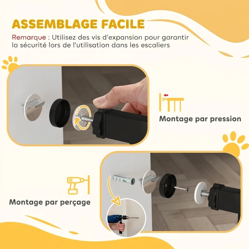 PawHut Barrière de sécurité pour chiens et bébés 76 à 81 cm avec extension fixation par pression sans perçage blanc