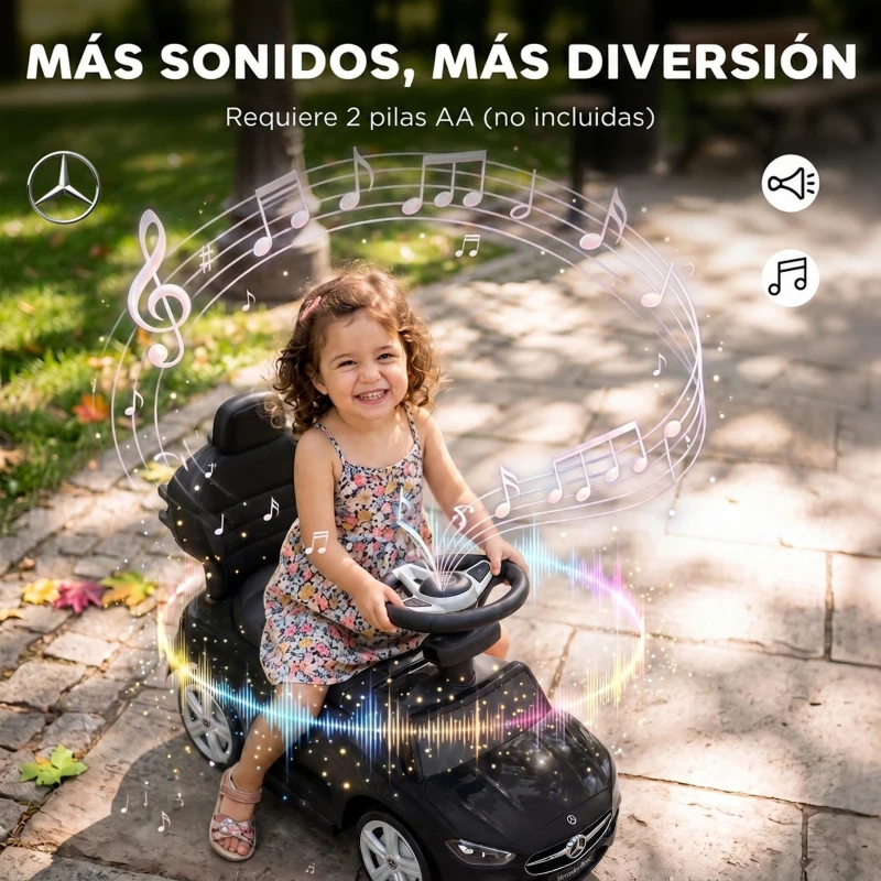 AIYAPLAY Correpasillos Bebés 3 en 1 Mercedes-Benz con Barra de Empuje Capota Barandilla de Seguridad Música 12-36 Meses Negro