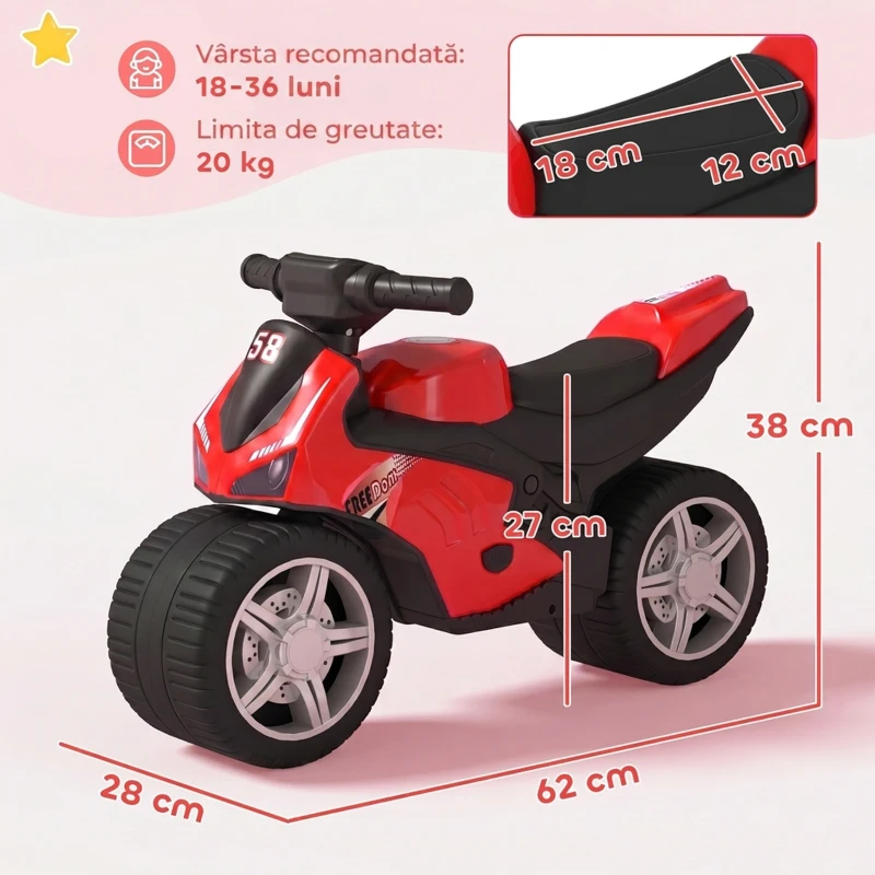 AIYAPLAY Bicicletă Echilibru Copii cu Muzică și Roți Extra Largi, Plastic PP, 62x28x38 cm, Roșu