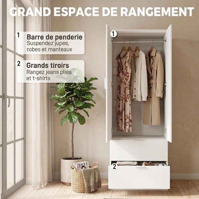 HOMCOM Armoire Chambre Penderie avec 2 Tiroirs, 2 Portes à Fermeture Douce et Barre de Suspension, 60 x 47 x 180 cm, Blanc