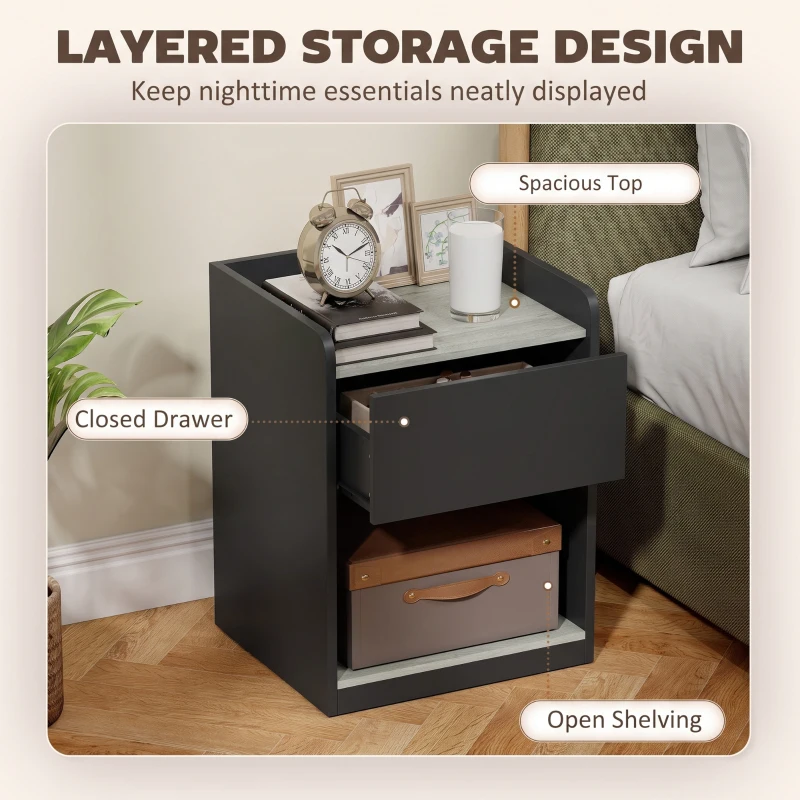 HOMCOM Modern Bedside Table, Slim Nightstand with Drawer, Shelf and Cable Holes, Black and Grey Wood Effect