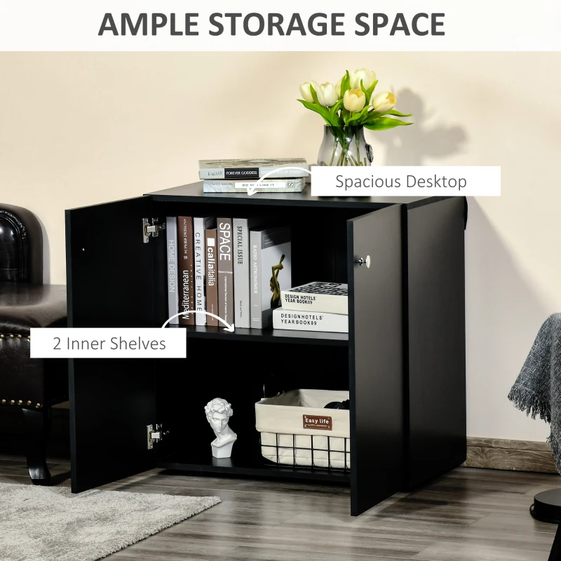 HOMCOM 2 Tier Bookcase, Wooden Storage Cabinet with 2 Doors, Freestanding Sideboard for Living Room, Home Office and Study, Black