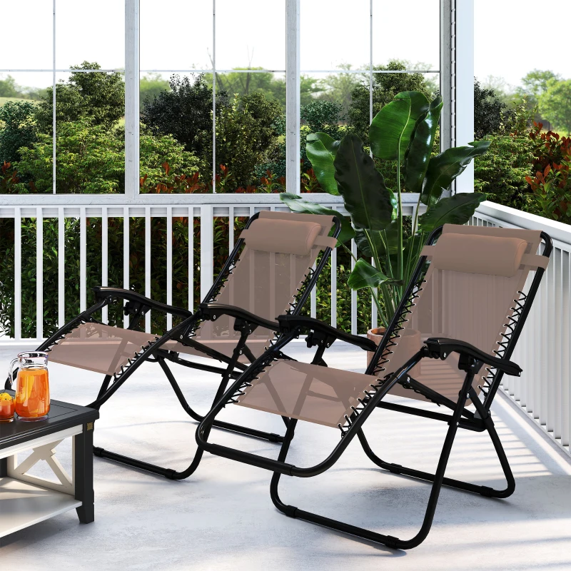Outsunny Zero Gravity Chair Set of 2, Metal Frame Texteline Armchair Outdoor Folding and Reclining Sun Lounger with Head Pillow for Patio Decking Gardens Camping, Beige
