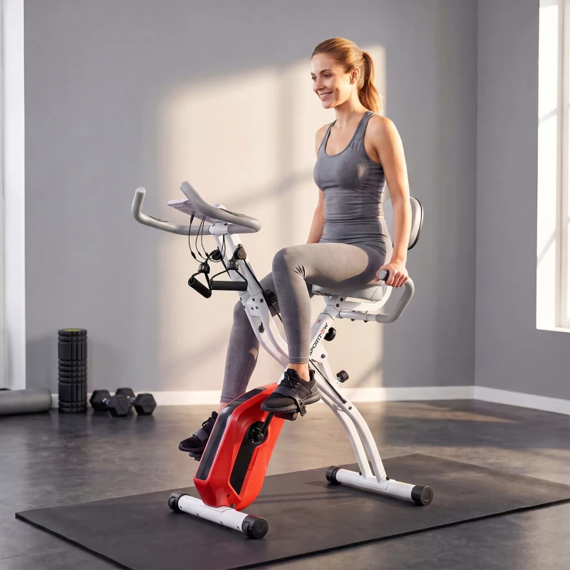 SPORTNOW 4-In-1 Folding Exercise Bike with Resistance Bands, Bluetooth App, 8-Level Magnetic Resistance, LCD Display, Orange