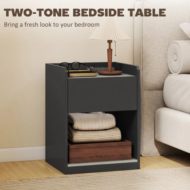 HOMCOM Modern Bedside Table, Slim Nightstand with Drawer, Shelf and Cable Holes, Black and Grey Wood Effect