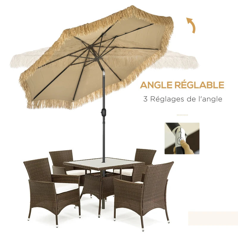 Outsunny Parasol de jardin extérieur à franges parasol inclinable avec ouverture fermeture manivelle 2,65 m kaki