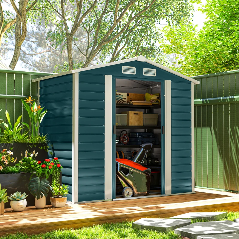 Outsunny 7 x 4ft Garden Shed, Easy to Assemble, Upgraded Galvanised Steel Frame with Foundation Kit, Double Doors with Lock, Outdoor Metal Shed with Vents and Gloves, Garden Storage Shed, Green