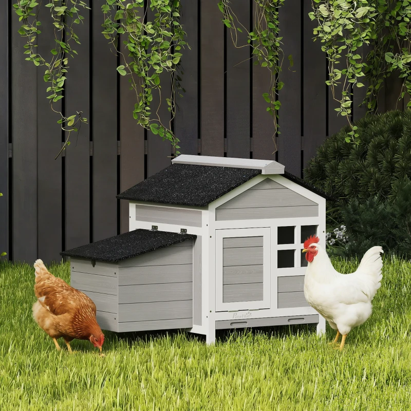 PawHut Poulailler en bois, toit en asphalte et pondoir abri pour 4 poules avec fenêtre en acrylique 92 x 64 x 69 cm gris