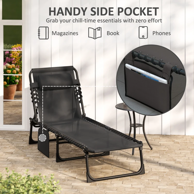 Outsunny Portable Sun Lounger, Folding Camping Bed Cot, Reclining Lounge Chair 5-position Adjustable Backrest with Side Pocket, Pillow for Patio Garden Beach Pool, Black