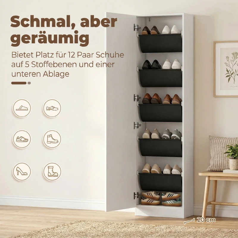 HOMCOM Schuhschrank mit Spiegel, 5-stufiger Schmale Schuhkommode mit Soft-Close-Türen, für 12 Paar, 50 x 20 x 180 cm, Weiß
