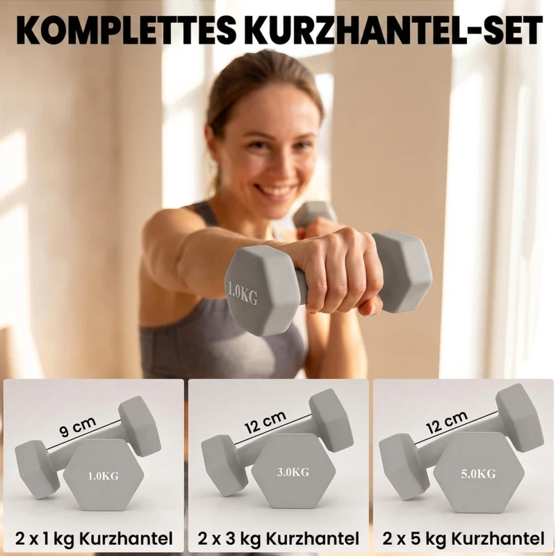 SPORTNOW Zestaw hantli 3 pary 1kg 3kg 5kg z drewnianym stojakiem, antypoślizgowy uchwyt, żeliwo, jasnoszary