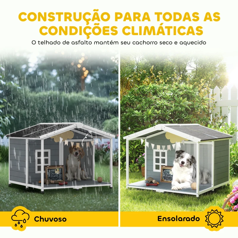 PawHut Casota para Cães Resistente às Intempéries Elevada em Madeira com Telhado de Betume Terraço para Cães de Porte Médio 103x107x83,5 cm Cinza