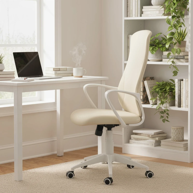 Vinsetto Silla de Oficina Giratoria Altura Ajustable con Reposabrazos Función de Basculante Respaldo Alto 62x56x110-119,5cm Beige