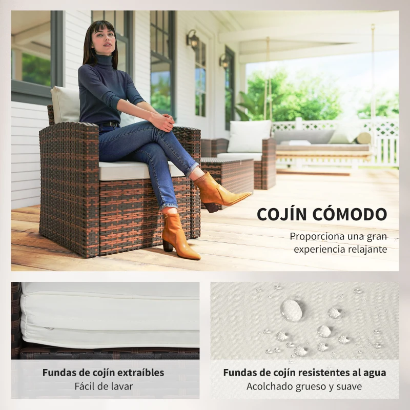 Outsunny Conjunto de Jardín Exterior de Ratán 6 Piezas Cojines Sofá Doble Sofá 3 Plazas 2 Sillones 2 Mesas Auxiliares Beige