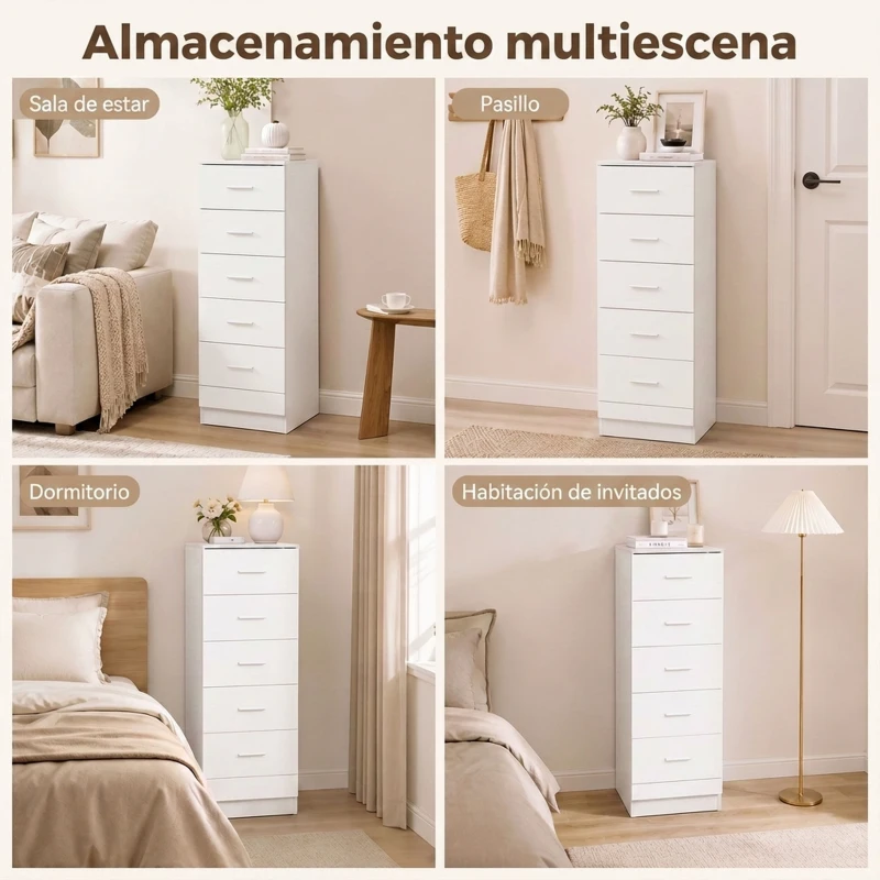 HOMCOM Cómoda de 6 Cajones Cajonera Alta para Dormitorio con Antivuelco 40x40x110 cm Blanco