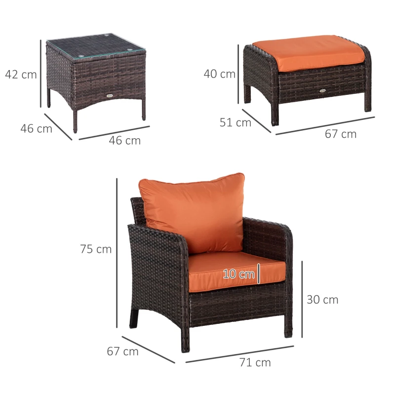 Outsunny 5 Pieces PE Rattan Garden Furniture Set - With 10cm Thick Padded Cushions, Wicker Weave Outdoor Seating Chairs Including 2 Armchairs, 2 Stools, and Glass Top Table, Brown