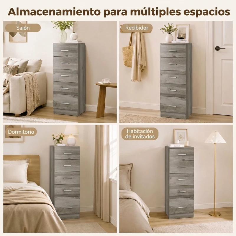 HOMCOM Cómoda de 6 Cajones Cajonera Alta para Dormitorio con Antivuelco 40x40x110 cm Gris Claro
