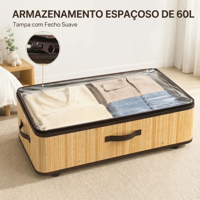 HOMCOM Conjunto de 2 Caixas de Arrumação para Debaixo da Cama com Rodas, 60 L, Tampa Transparente e Asa, Estrutura Metálica, 78,5x43x23 cm, Natural