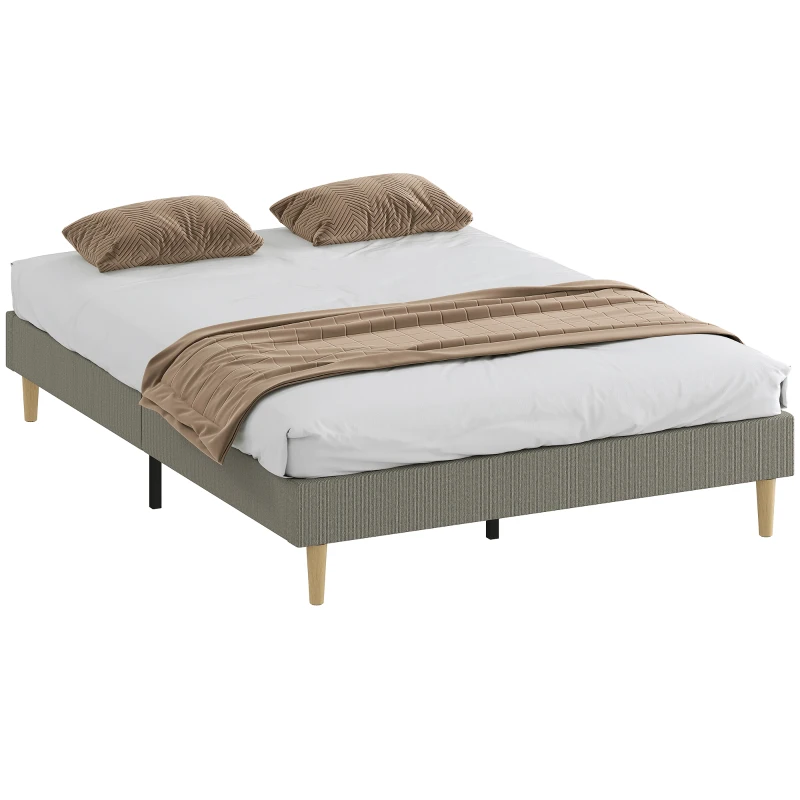 HOMCOM Cadre de lit 140 x 190 cm avec sommier à lattes en bois, lit double rembourré en velours côtelé, gris