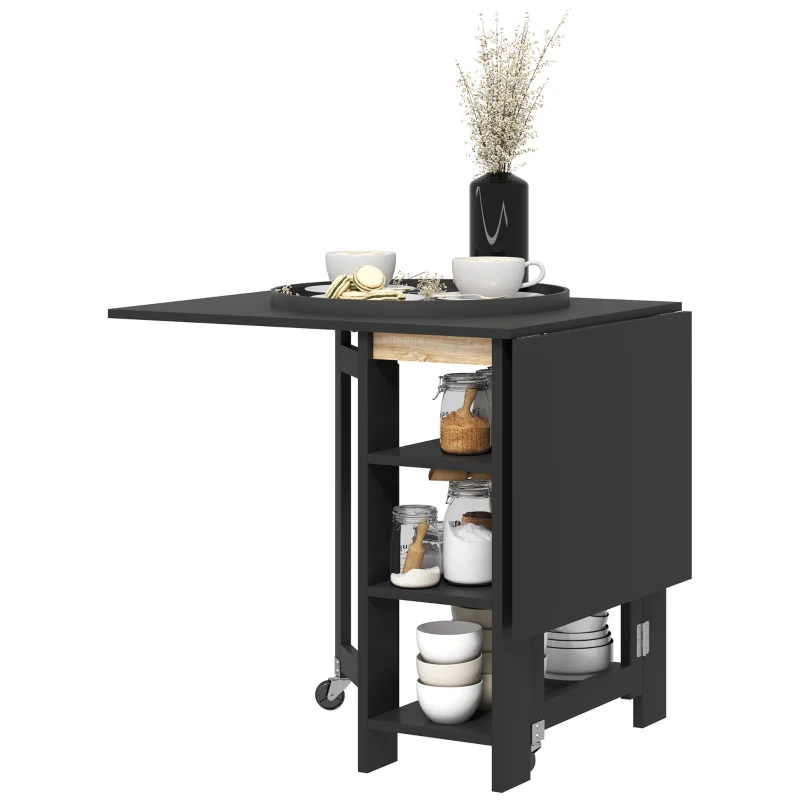 HOMCOM Mesa de Cocina Plegable con Alas Abatibles 2 Ruedas y Estantes Estilo Moderno 120x60x75 cm Negro