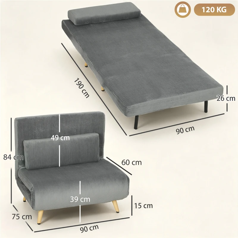 HOMCOM Schlafsessel 3-in-1, ausklappbarer Sessel aus Cord mit Schlaffunktion verstellbare Rückenlehne, Kissen Dunkelgrau