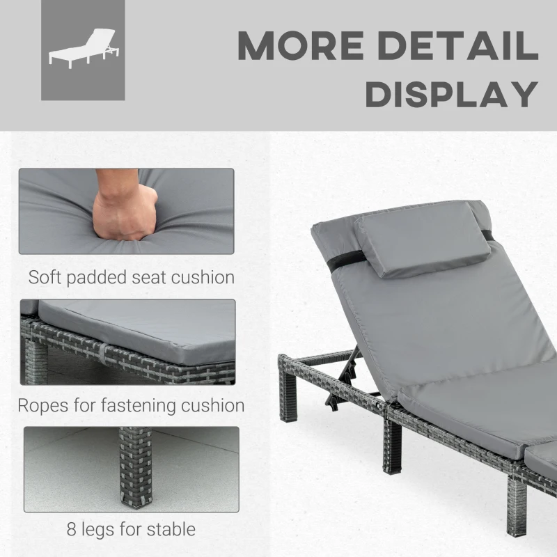 Outsunny PE Rattan Sun Lounger with Soft Padded Cushion - Patio Sun Lounger with 5-Level Reclining and Headrest, Grey