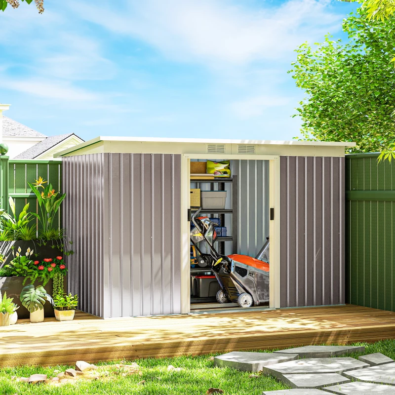 Outsunny Abri de jardin 3,6 m² remise à outils avec kit de fondation en acier galvanisé 280 x 130 x 172 cm, gris clair