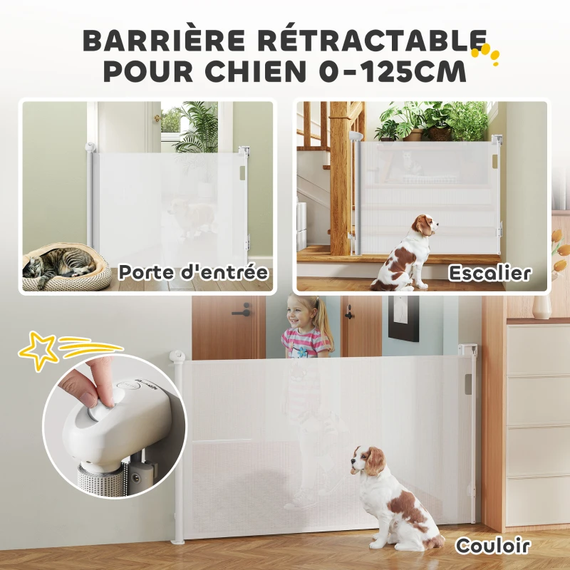 PawHut Barrière rétractable pour chien largeur 149 cm verrouillage automatique - blanc