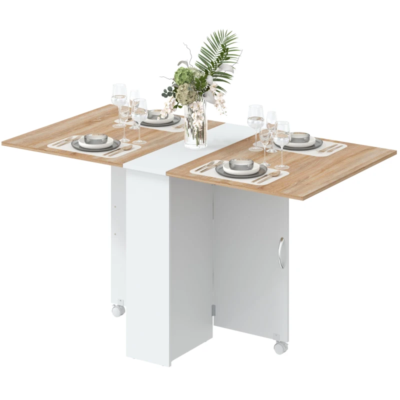 HOMCOM Folding Dining Table, Drop Leaf Table with 2-Tier Shelves, Rolling Casters, White and Natural
