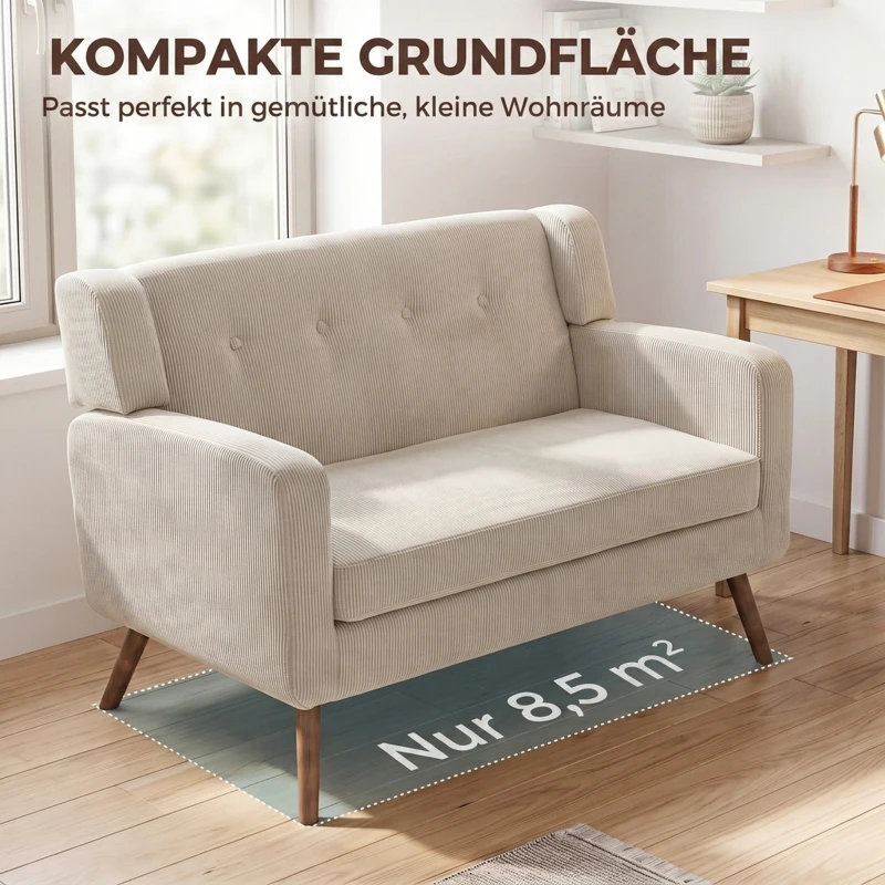 HOMCOM 2-zitsbank 118 cm van cordstof met knoopdetails, comfortabele moderne gestoffeerde bank met houten poten voor kleine ruimtes