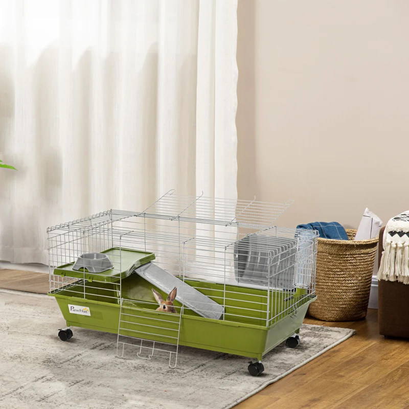 PawHut Jaula para Animales Pequeños con Ruedas Botella Comedero Dispensador de Heno para Conejos y Cobayas 89x44x43 cm Verde