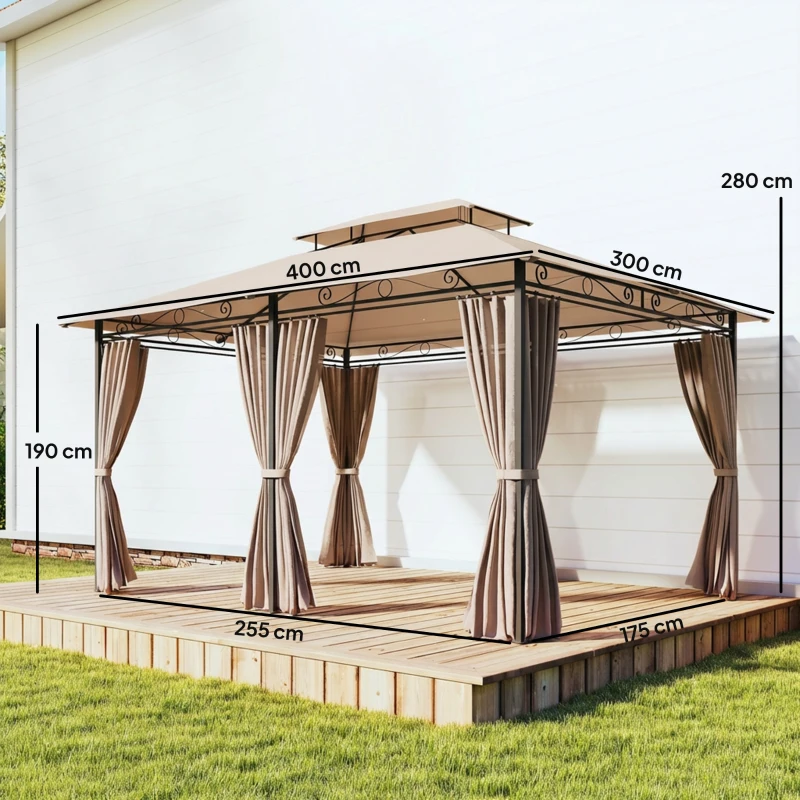 Outsunny Cenador para Jardín 3x4 m Pabellón de Jardín Gazebo con Doble Techo 6 Paredes Laterales Estructura Metálica Caqui