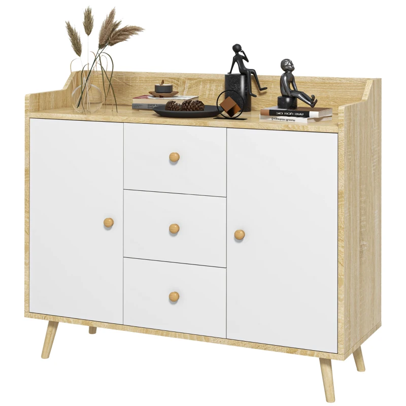 HOMCOM Bufet Modern din PAL si Lemn de di Pin cu 3 Sertare si 2 Dulapioare cu 2 Niveluri, 90x32x80 cm, Alb si Lemn Natur