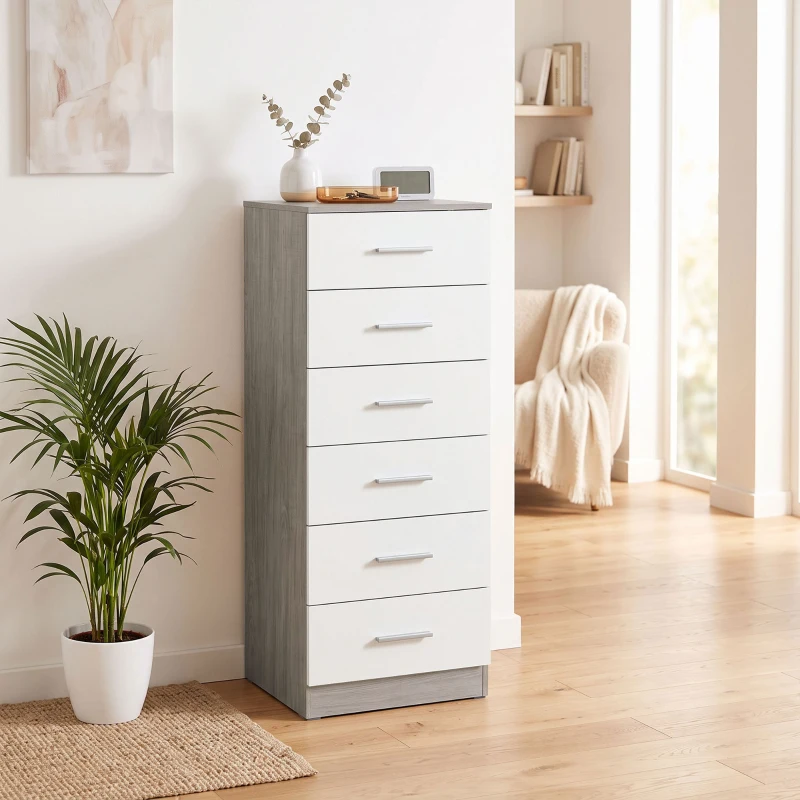 HOMCOM Cómoda de 6 Cajones Cajonera Alta para Dormitorio con Antivuelco 40x40x110 cm Gris Claro y Blanco