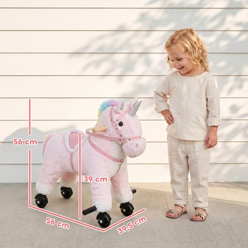 AIYAPLAY Cavalinho Unicórnio de Peluche com Rodas, Sons, Pegas e Apoios para os Pés, Rosa, 1-3 Anos