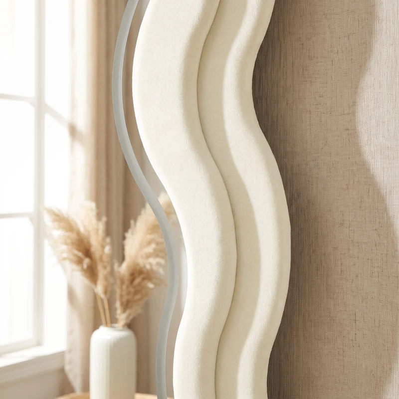 HOMCOM Full Length Mirror, 160 x 60 cm Wavy Full Body Wall Standing Mirror with Velvet Frame and LED Light Strip, Cream White