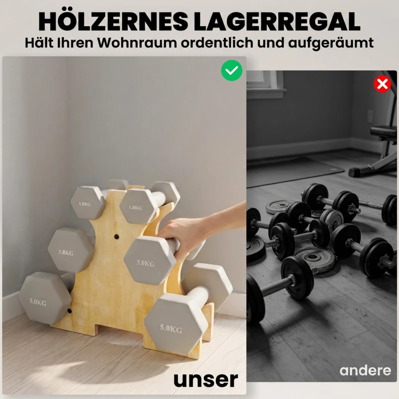SPORTNOW Zestaw hantli 3 pary 1kg 3kg 5kg z drewnianym stojakiem, antypoślizgowy uchwyt, żeliwo, jasnoszary