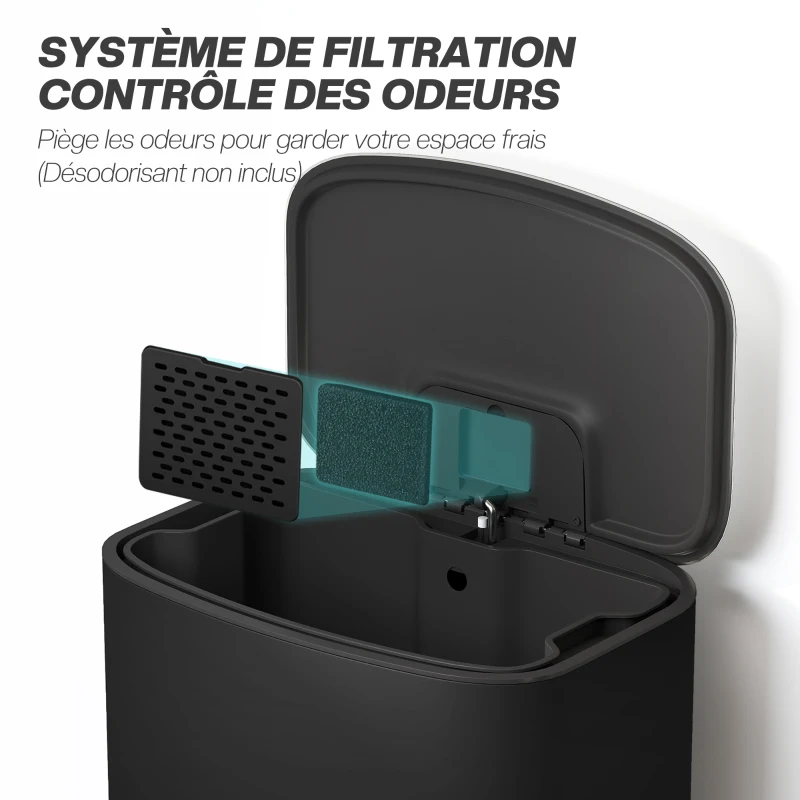 HOMCOM Poubelle cuisine 50L, poubelle à pédale, seau intérieur amovible, couvercle à fermeture douce, 45,1x36,5x62,6cm, noir
