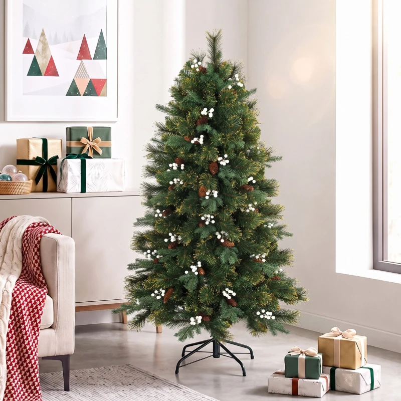 HOMCOM 5ft Artificial Christmas Tree, Fir Hinged Xmas Tree with 490 Branch Tips, Foldable Metal Stand, Easy Assembly, Green