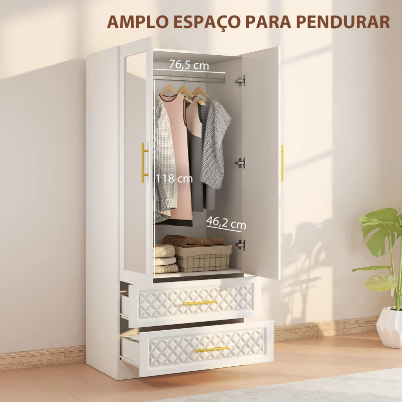 HOMCOM Roupeiro com Espelho 2 Portas e 2 Gavetas Relevo de Diamante Barra para Pendurar Estilo Moderno 80x50x180 cm Branco