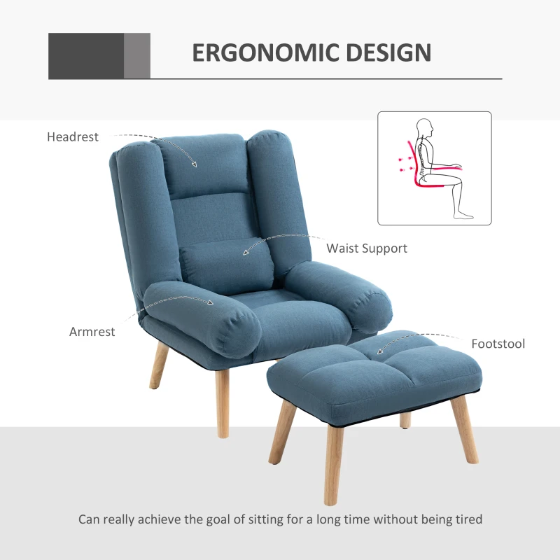 HOMCOM Recliner Chair with Footstool, Recliner Armchair with Adjustable Backrest, Thick Cushion and Wooden Legs, Blue