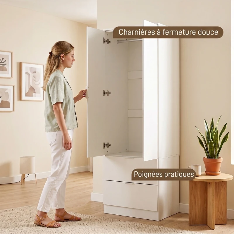 HOMCOM Armoire Chambre Penderie avec 2 Tiroirs, 2 Portes à Fermeture Douce et Barre de Suspension, 60 x 47 x 180 cm, Blanc