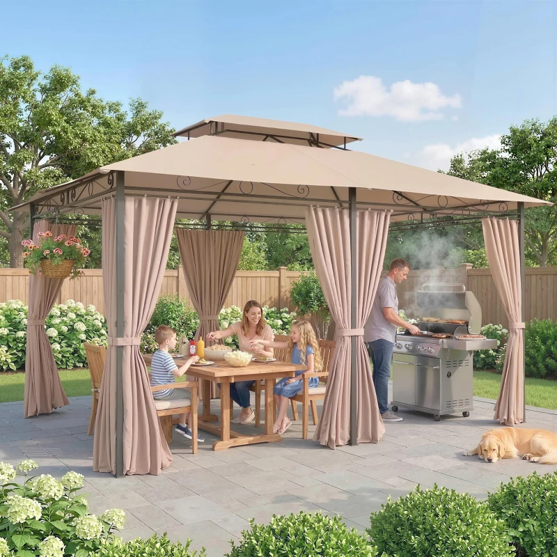 Outsunny Cenador para Jardín 3x4 m Pabellón de Jardín Gazebo con Doble Techo 6 Paredes Laterales Estructura Metálica Caqui