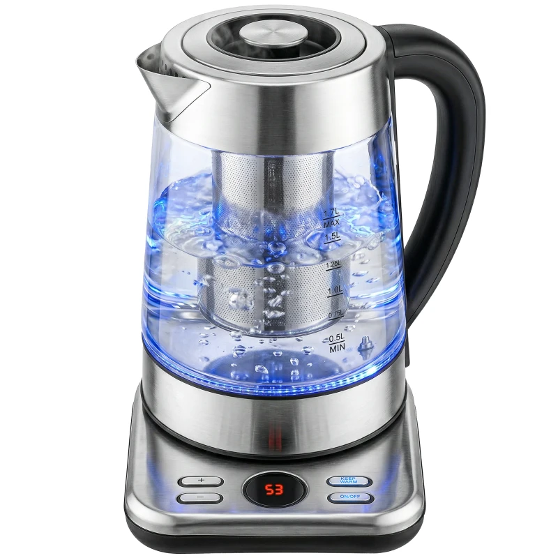 HOMCOM Bouilloire électrique, 1,7L, ébullition rapide 2200W avec thermostat strix, infuseur à thé, fonction maintien au chaud