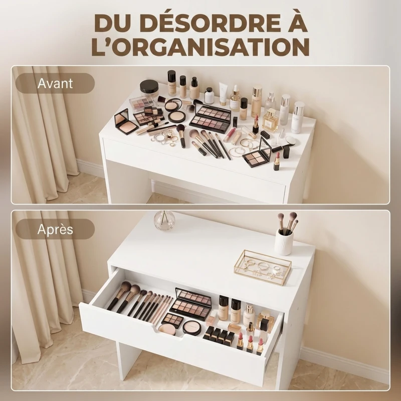 HOMCOM Coiffeuse avec tiroir, table de maquillage moderne moderne, pour chambre à coucher, 75 x 40 x 75 cm, blanc