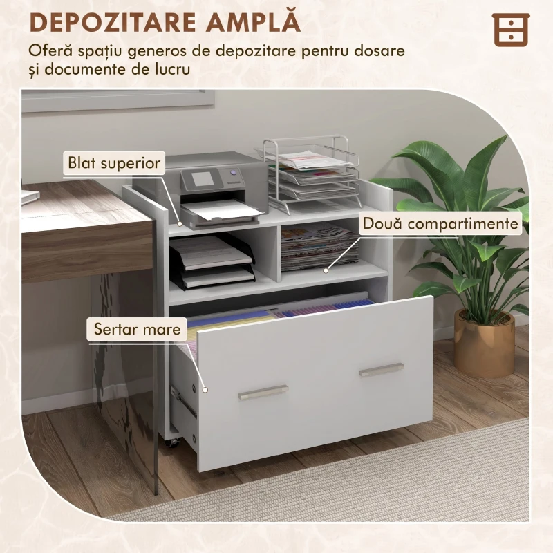 HOMCOM Dulap Lateral de Arhivare cu Roți și Raft Deschis, Sertar Spațios, Bară Reglabilă, Alb