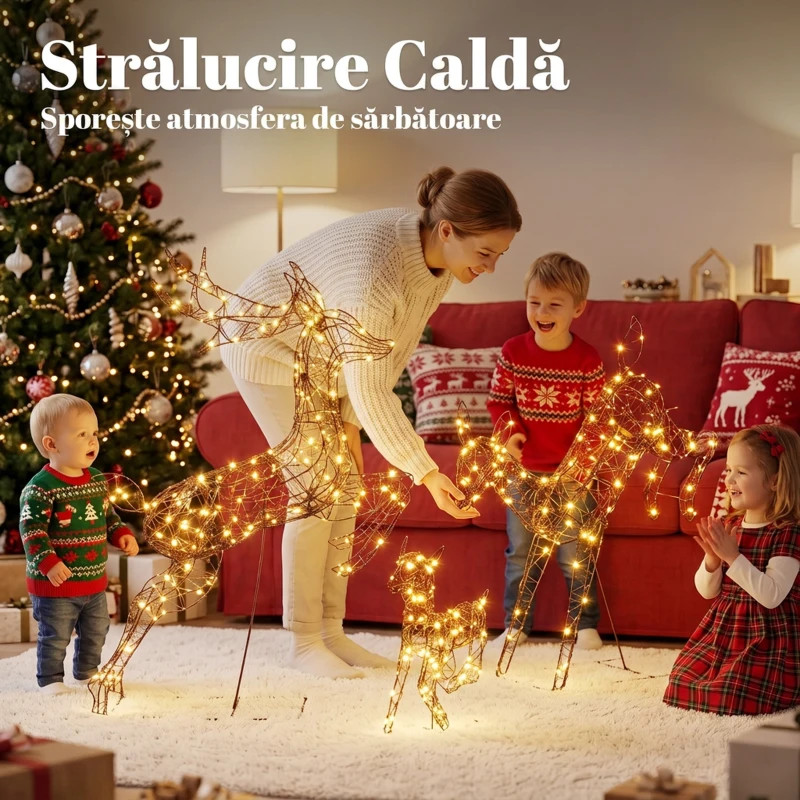 Outsunny Set 3 reni luminoși de Crăciun pentru exterior, 120 cm, 200 LED-uri alb cald, 8 moduri de iluminare, timer, maro