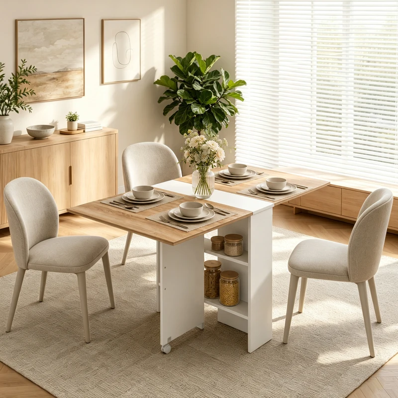 HOMCOM Folding Dining Table, Drop Leaf Table with 2-Tier Shelves, Rolling Casters, White and Natural